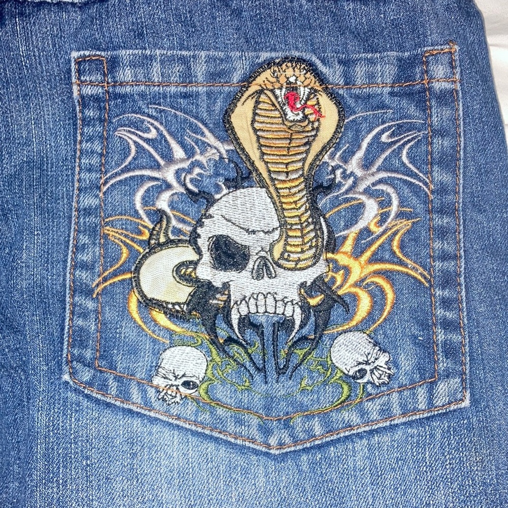 Paco jeans jorts embroidered snake fire skull patches